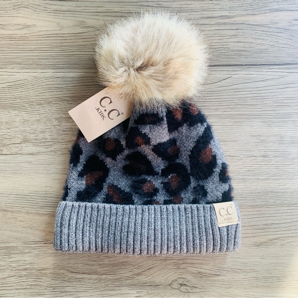 C.C. Kids Gray Brown Black Faux Fur Pom Pom Soft Knit Beanie | NWT